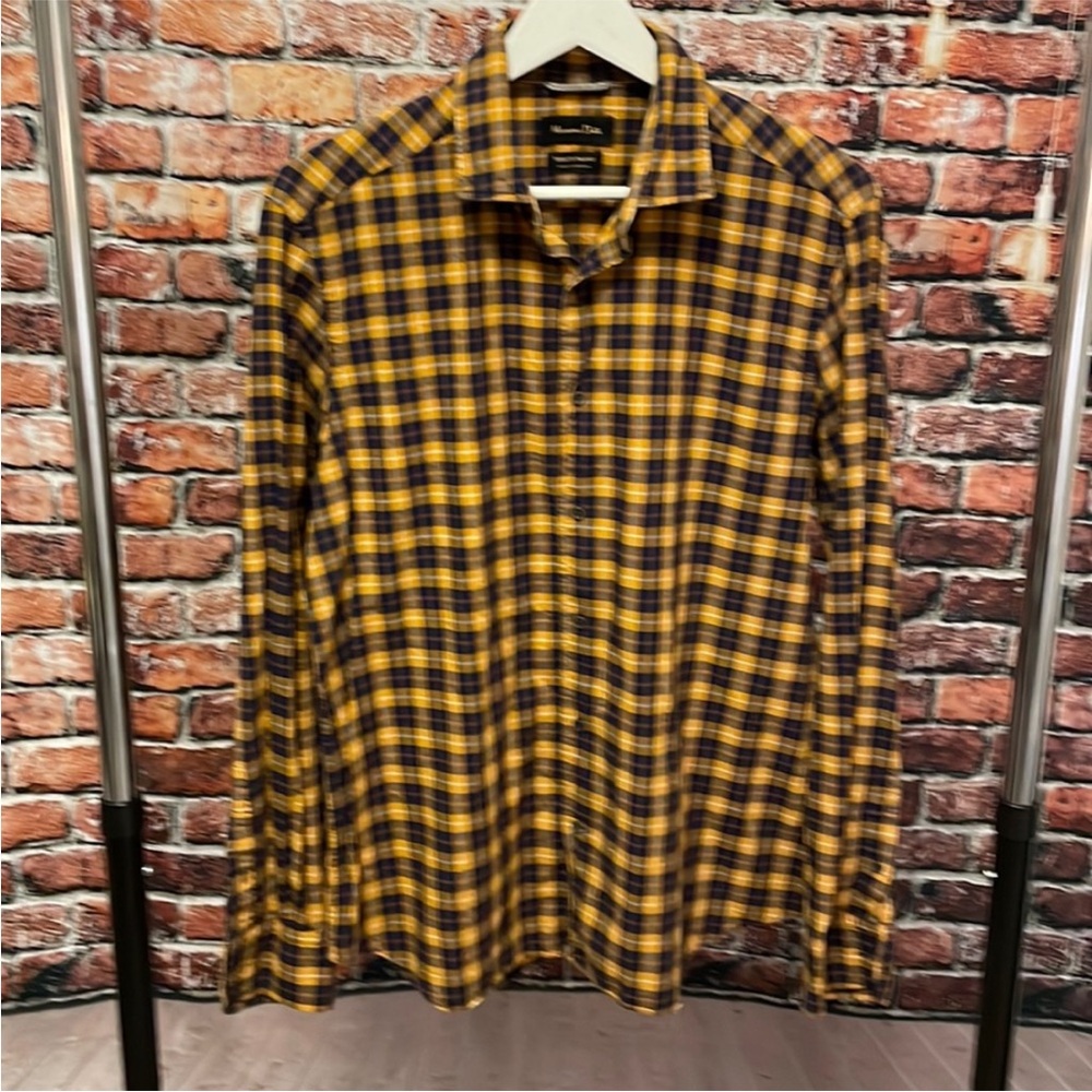 Massimo Dutti tessuto Italiano men's button down shirt large yellow navy - Picture 3 of 5